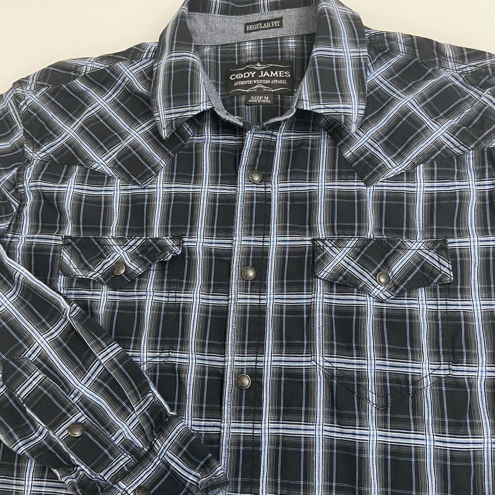 Cody James Regular Fit Western Shirt Men's M Black/Blue Plaid Sawtooth Pockets‎